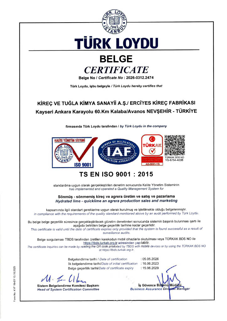 Erciyes Kireç Fabrikası TS EN ISO 9001:2015 kalite yönetim sistemi belgesi.