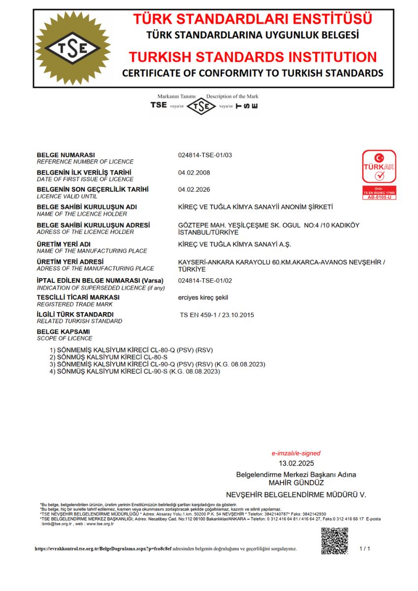 TSE conformity certificate TS EN 459-1