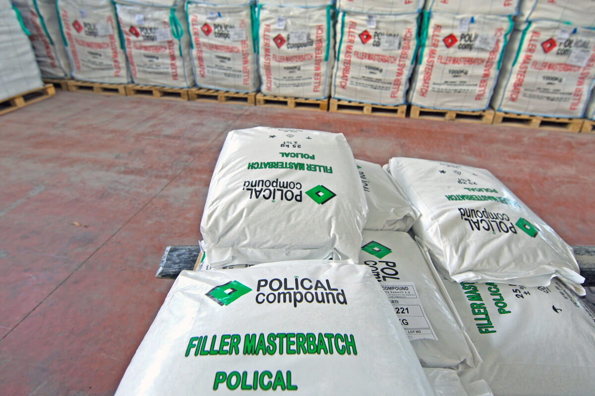 Filler masterbatch bags stored on pallets