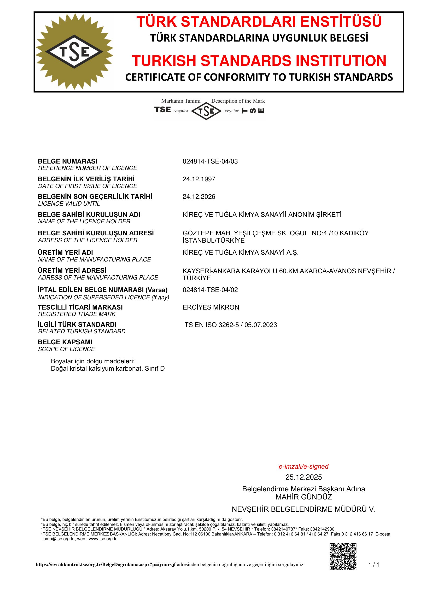 Polical Compound TS EN ISO 3262-5 doğal kalsiyum karbonat TSE uygunluk belgesi.