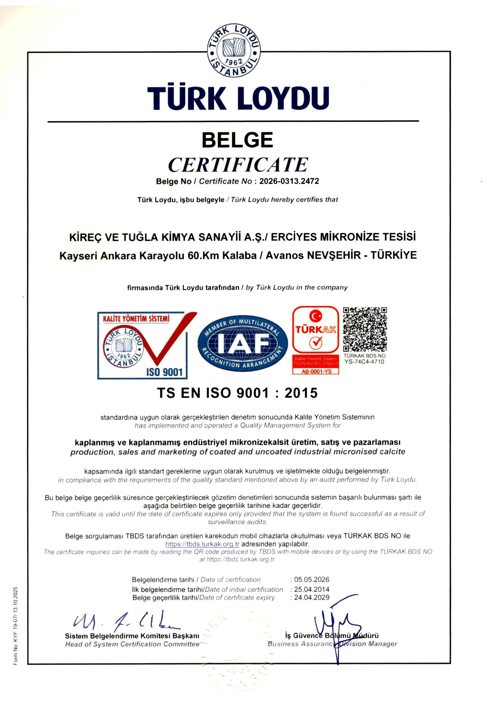Polical Compound ISO 9001:2015 kalite yönetim sistemi sertifikası.