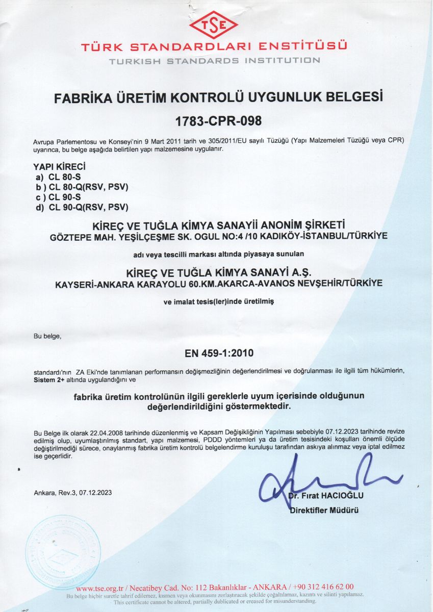 TSE 1783 factory production control certificate