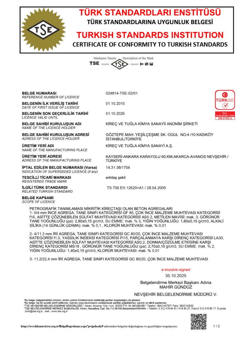 TSE conformity certificate TS EN 12620